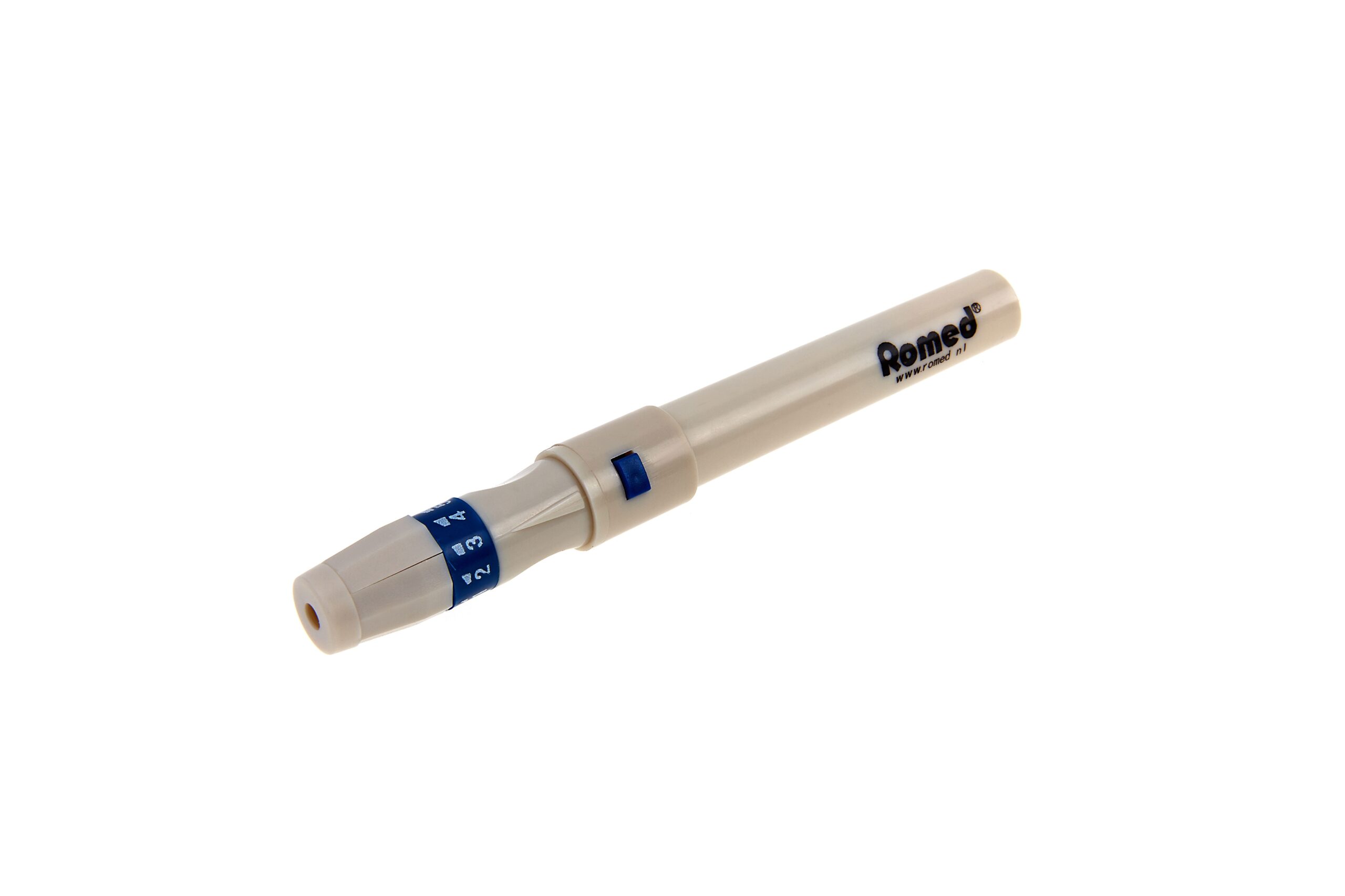 Romed pen voor bloedlancetten / prikpen Romed - Wit / blauw - 5 verschillende standen voor diepte penetratie - diabetes - Medische Artikelen